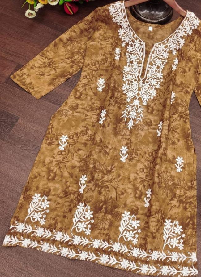 Cotton Brown Casual Wear Chikankari Work Readymade Kurti